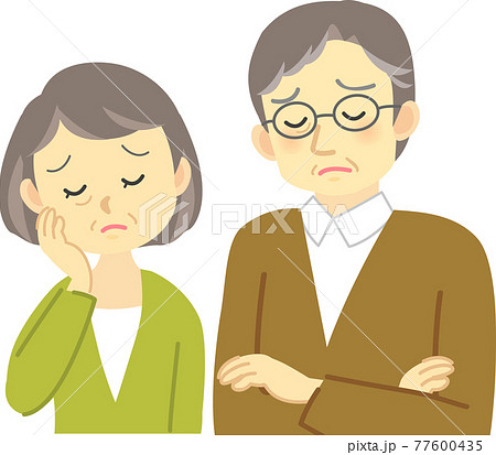イラスト素材 老夫婦困った表情で思い悩む場面 腕組みしたおじいさんのイラスト素材