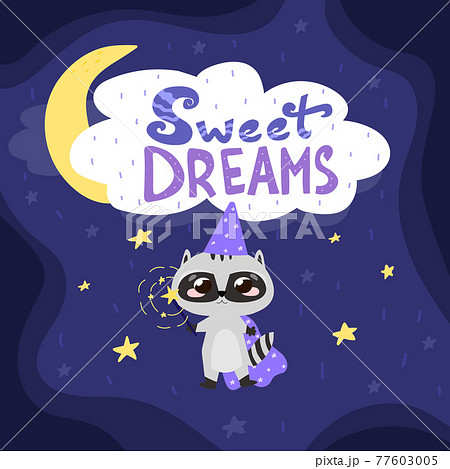 Magical sweet dreams card with cute raccoon with wand, little wizard,starry night with moon 77603005