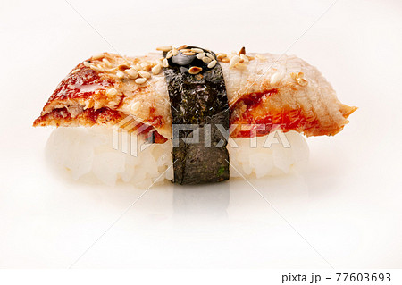 Delicious Unagi Eel Nigiri Sushi ,Eel Sushi, on white background. Traditional Japanese cuisine Delicious Unagi Eel Nigiri Sushi ,Eel Sushi, on white background. Traditional Japanese cuisine 77603693