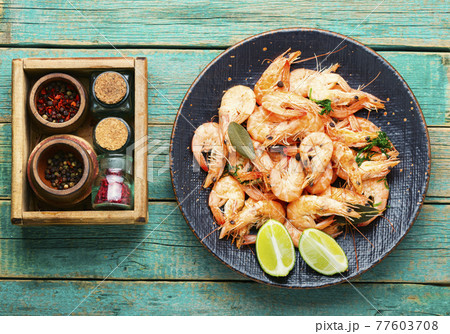 Tasty boiled shrimp 77603708