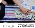 Closeup broke woman calculates individual tax return with 1040 forms and instructions. The concept of Tax return.  77603853