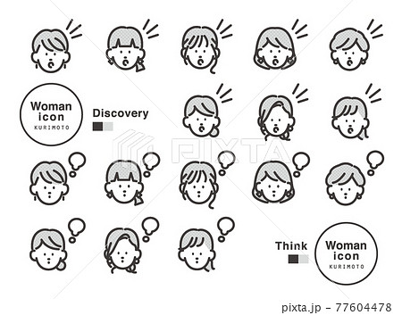 女性アイコン 驚く 考える 表情パターン 素材 ベクターのイラスト素材