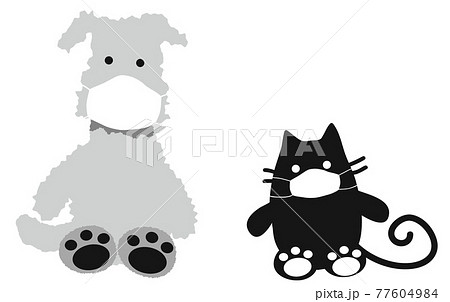 マスクの犬と猫 肉球見せてお座り Dog Cat With Masksのイラスト素材