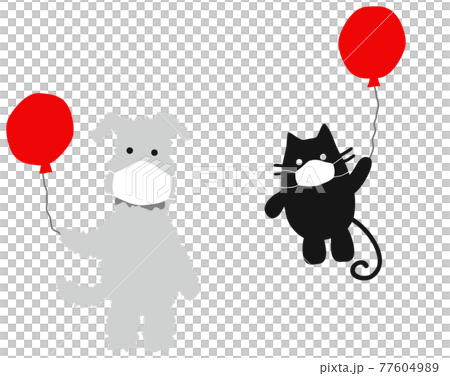 With a dog and cat in a mask and balloons. dog & cat with masks With a dog and cat in a mask and balloons. dog & cat with masks 77604989