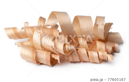 Wood shavings isolated on white background Wood shavings isolated on white background 77605167
