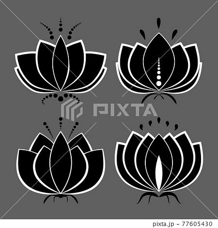 Set Of Black Lotus Silhouette With White のイラスト素材