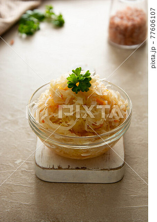 Pickled cabbage and carrots, probiotics source, healthy food. Fermented vegetables. Pickled cabbage and carrots, probiotics source, healthy food. Fermented vegetables. 77606107