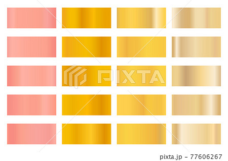 Metalic gradient collection with shiny golden hologram. Holographic foil texture, gold rose, bronze and gold gradation. Vector set for frame, ribbon, border, other design 77606267