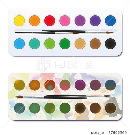 New and used watercolor paint box - unused, clean, neat, new - used, spotty, blotchy, soiled, dirty. Before after comparison. Isolated vector illustration on white background. 77606569