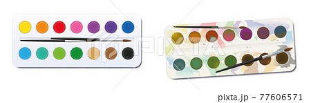 Watercolor paint boxes - unused, clean, neat, new - used, spotty, blotchy, soiled, dirty. Before after comparison. Isolated vector illustration on white background. Watercolor paint boxes - unused, clean, neat, new - used, spotty, blotchy, soiled, dirty. Before after comparison. Isolated vector illustration on white background. 77606571