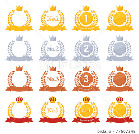 ランキング_かわいい月桂樹と王冠フレーム素材セット_リボン_金銀銅 77607348