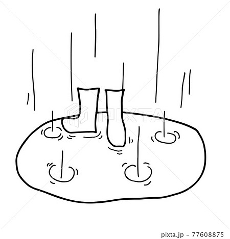雨の日の水溜まりと長靴 線画イラストのイラスト素材
