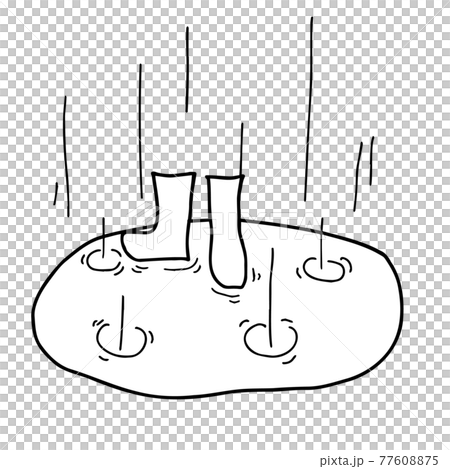 雨の日の水溜まりと長靴　線画イラスト 77608875