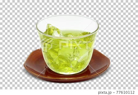 グラス 緑茶 飲み物 イラスト リアル 氷 茶托 77610112