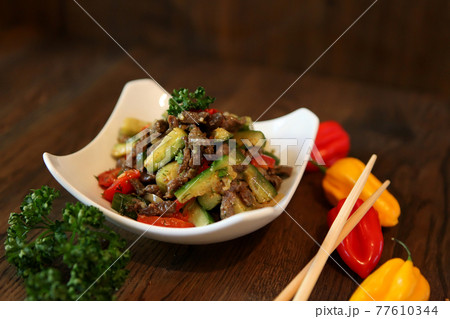 Salad with cucumbers. peppers and beef. Spicy Korean-style salad. Salad with cucumbers. peppers and beef. Spicy Korean-style salad. 77610344