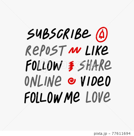 Like Share Repost Subscribe Follow doodle hand lettering stickers. quote subscribe to channel, blog. Social media background and blog posts. Marketing. Vector illustration. 77611694
