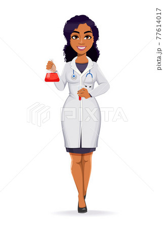 African American female doctor wearing white coat African American female doctor wearing white coat 77614017