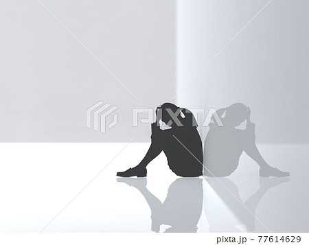 悩む若者　学生女性のシルエット　壁　CGイラスト横 77614629