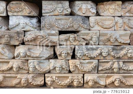 Ancient stone carved frieze of Portico of Tiberius in Aphrodisias, Turkey 77615012