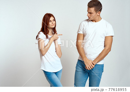 family couple in love jeans white t-shirt emotions fun man and woman having fun family couple in love jeans white t-shirt emotions fun man and woman having fun 77618955