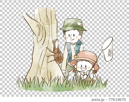 昆虫採集をしている親子 77619670