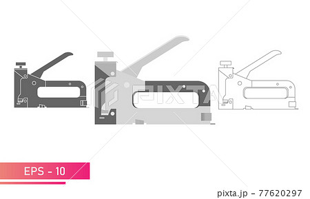 Set, Construction stapler in a metal case. Linear, solid and realistic design. On a white background. Tools for workers. Flat vector illustration. 77620297