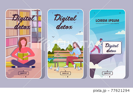 set people spending time without devices digital detox concept women men abandoning gadgets set people spending time without devices digital detox concept women men abandoning gadgets 77621294
