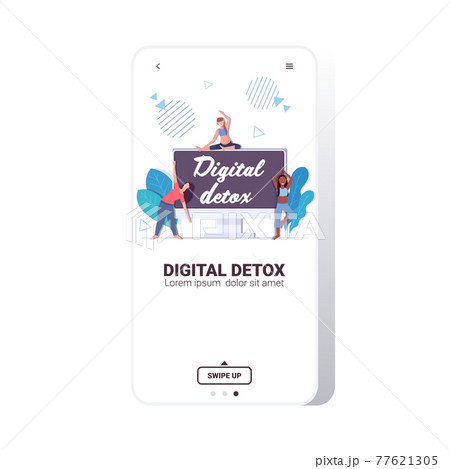mix race girls doing physical exercises digital detox text on monitor screen women abandoning gadgets mix race girls doing physical exercises digital detox text on monitor screen women abandoning gadgets 77621305