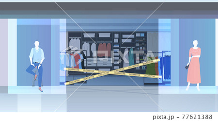 empty shopping mall with yellow tape coronavirus pandemic quarantine covid-19 concept 77621388