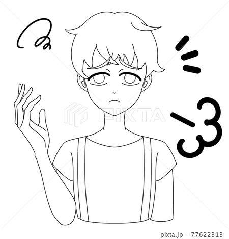 髪はね 困り顔 男性 線画のイラスト素材