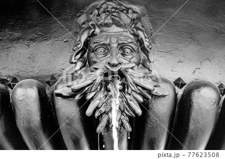 Fountain with a statue of a man's head, water flows from his mouth 77623508