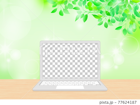 一個簡單的銀色筆記本電腦,帶有新鮮的綠色背景和一個開放的灰色白鍵 一個簡單的銀色筆記本電腦,帶有新鮮的綠色背景和一個開放的灰色白鍵 77624187