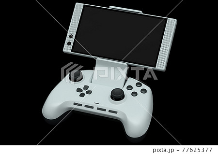 Realistic white joystick for playing games on mobile phone on black background 77625377