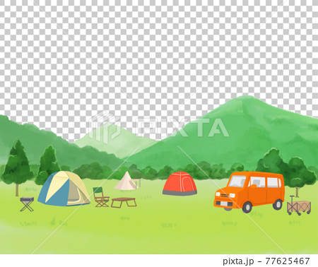 水彩画風のキャンプ場 テントあり 背景透明 のイラスト素材
