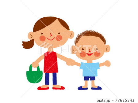 お母さんと手をつないで買物に行く男の子のイラスト素材