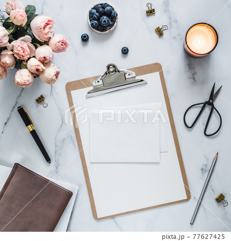 Flat lay with blank greeting card, wedding mock up Flat lay with blank greeting card, wedding mock up 77627425