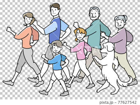 Family walking side by side-turning around 77627542