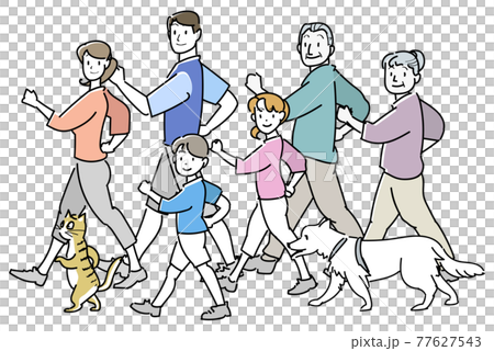 Family walking side by side-turning around 77627543