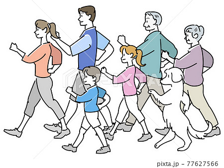 並んでウォーキングする家族 77627566