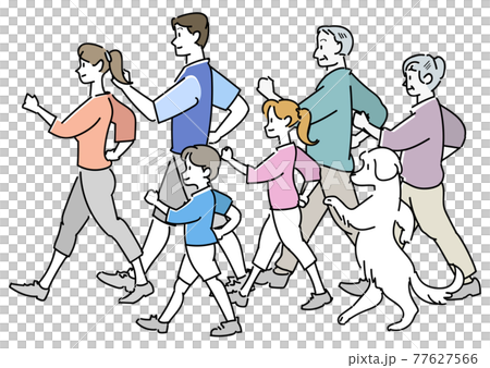並んでウォーキングする家族 77627566