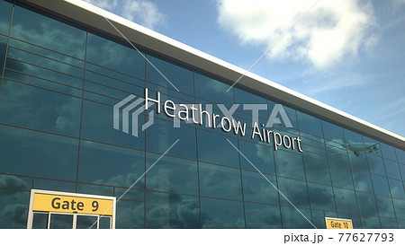 Airliner take off reflecting in the windows with Heathrow Airport text, 3d rendering 77627793