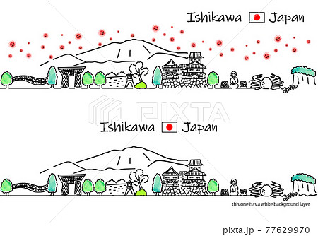 石川県の街並みと新型コロナウイルスのシンプル線画セット 77629970