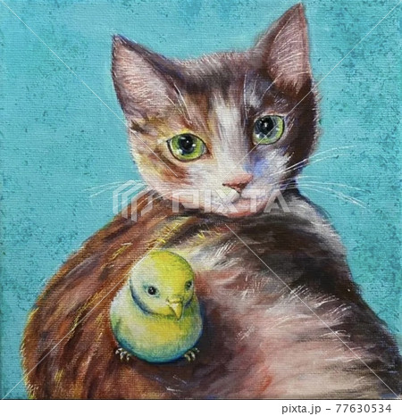 猫ちゃんとインコちゃん　アクリル画 猫とインコ アクリル画のイラスト素材 [77630534] - PIXTA