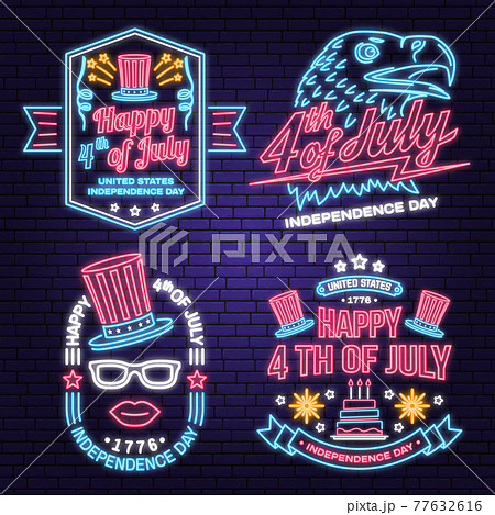 Set of Vintage 4th of july design in retro style. Vector Fourth of July felicitation neon sign. Night bright signboard. Independence day glowing light banner. Patriotic banner for website template. 77632616