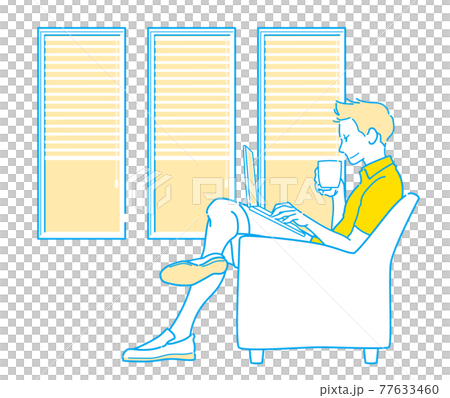 Worcation Nomad-A man working by the window of a hotel cafe over a cup of coffee 77633460