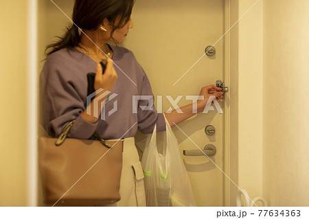 ドアガードを閉める女性 ドアガードを閉める女性 77634363