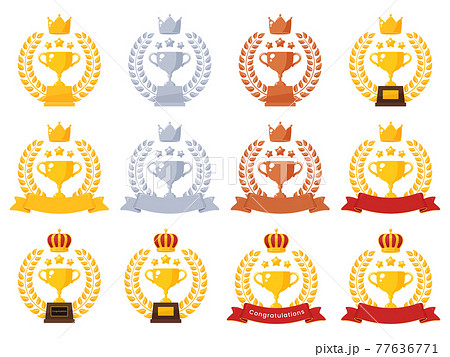 ランキング トロフィーを囲むかわいい月桂樹と王冠のアイコン イラスト素材セットのイラスト素材