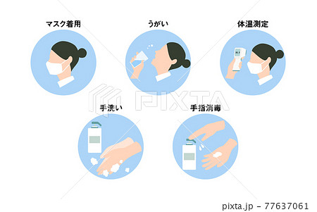 感染症対策アイコンセット マスク着用 うがい 体温測定 手洗い 手指消毒のイラスト素材