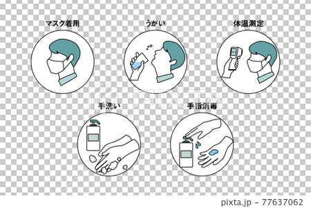 感染症対策アイコンセット マスク着用、うがい、体温測定、手洗い、手指消毒 感染症対策アイコンセット マスク着用、うがい、体温測定、手洗い、手指消毒 77637062