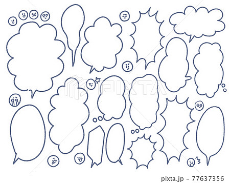 手描き線画かすれ）縦長吹き出しとシンプル絵文字（顔・表情）のセット 77637356